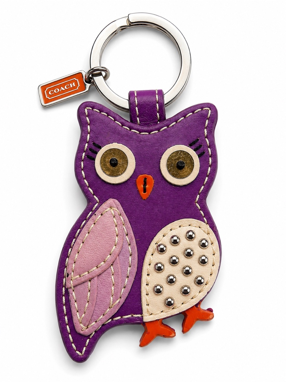 Coach Vintage Purple Owl Leather Bag Charm Keychain Key Ring